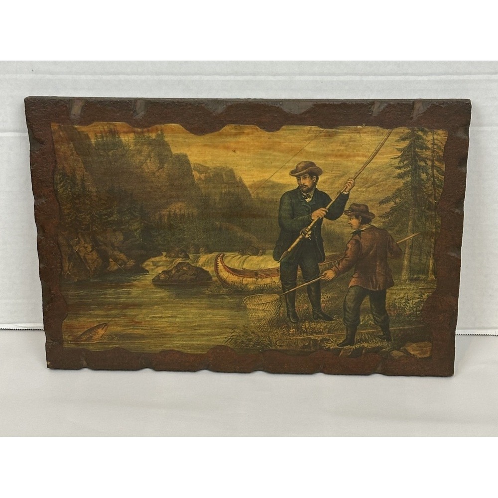 Vintage 1970s "SALMON FISHING" Art Print On Wood Board - Currier & Ives Reprint